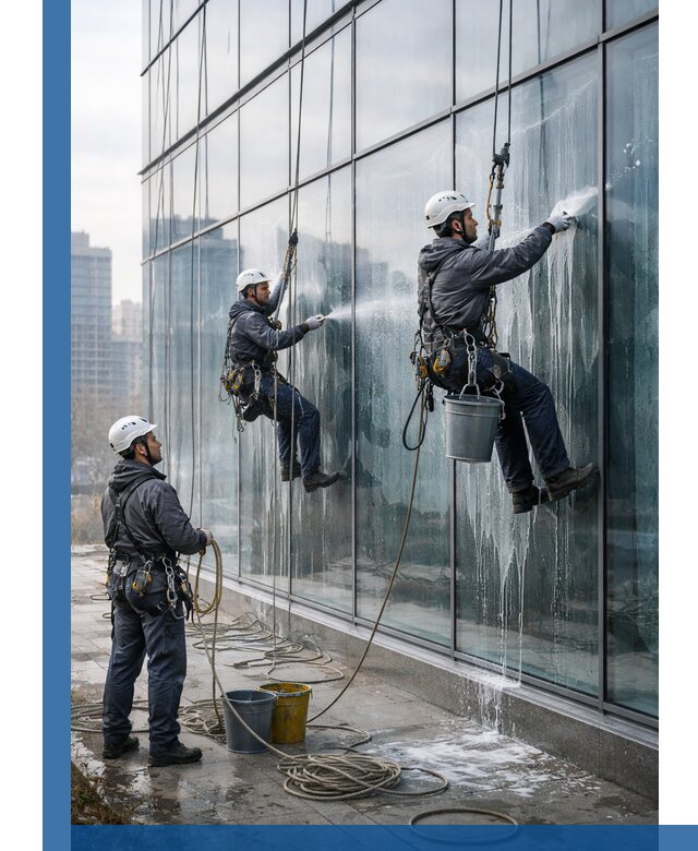 Промышленная мойка панорамных окон на высоте в Богородицке