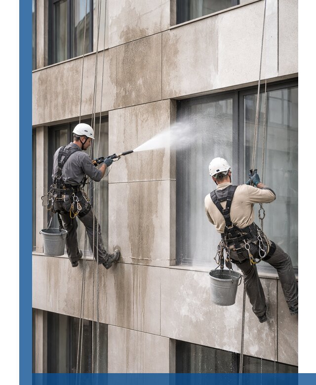 Послестроительная мойка фасада промышленным альпинизмом в Богородицке