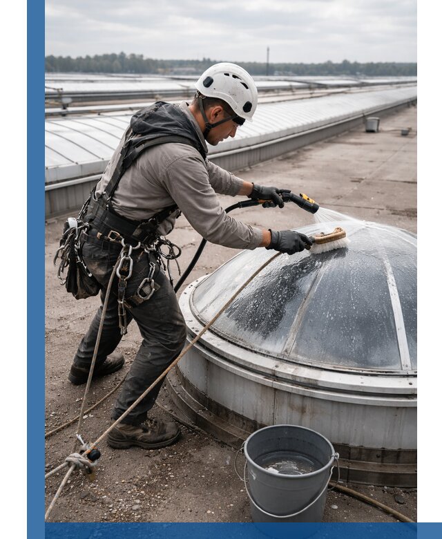 Мойка зенитных фонарей на кровле для промышленных объектов в Богородицке