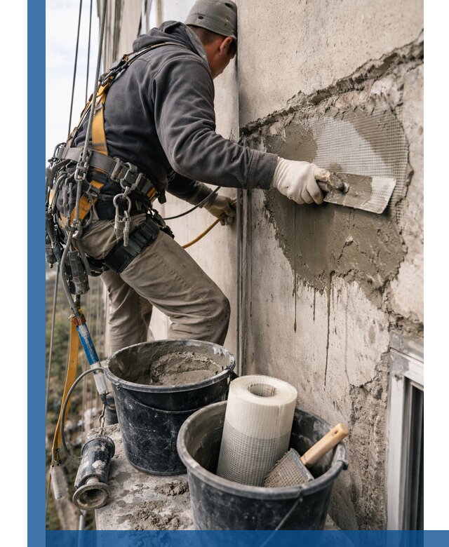 Ремонт бетонных элементов фасада промышленными альпинистами в Богородицке