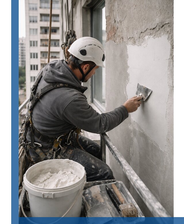 Шпаклевка фасадов на высоте с промальпинистами в Богородицке