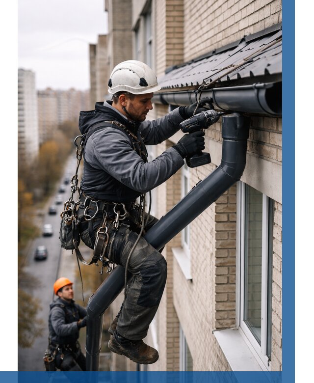 Монтаж водосточной системы на здании в Богородицке от 5343 р. | ВЫСОТНИК-Бгд