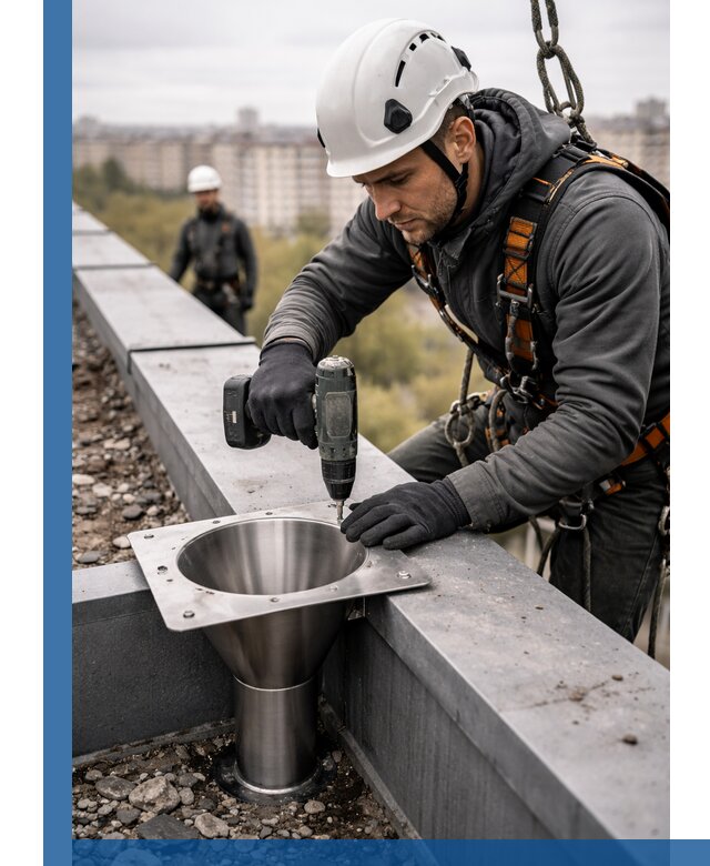 Монтаж водосточных воронок в Богородицке для промышленных зданий