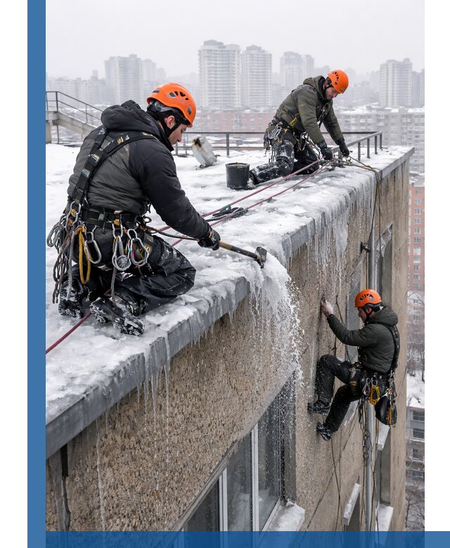 Удаление наледи с кровли в Богородицке промышленными альпинистами