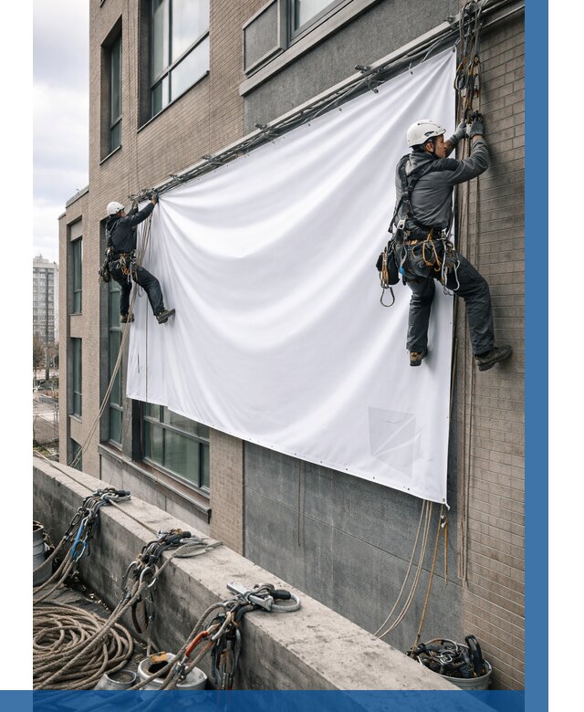 Монтаж баннеров на фасаде в Богородицке от 695 р. заказать ВЫСОТНИК-Бгд