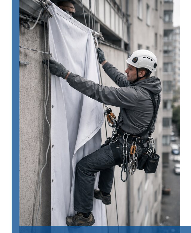 Замена баннерного полотна промышленными альпинистами в Богородицке