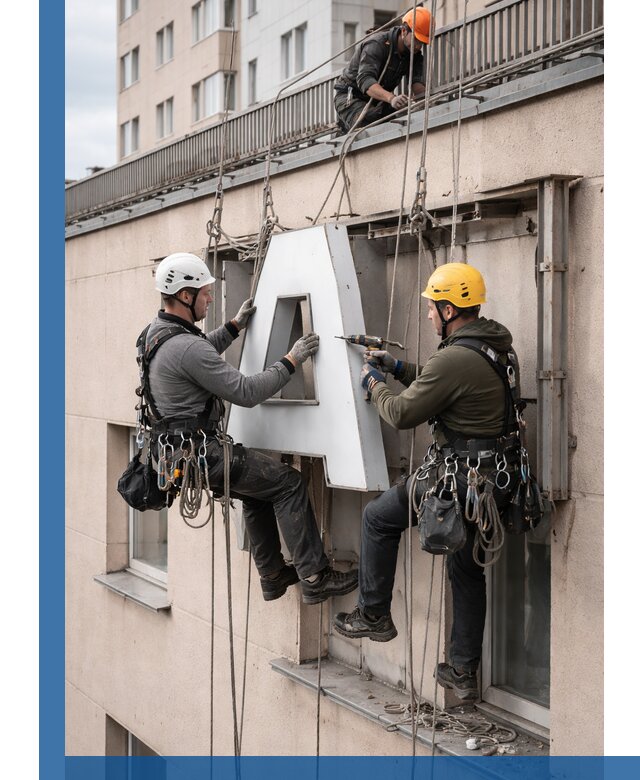 Ремонт и восстановление наружных вывесок на высоте в Богородицке