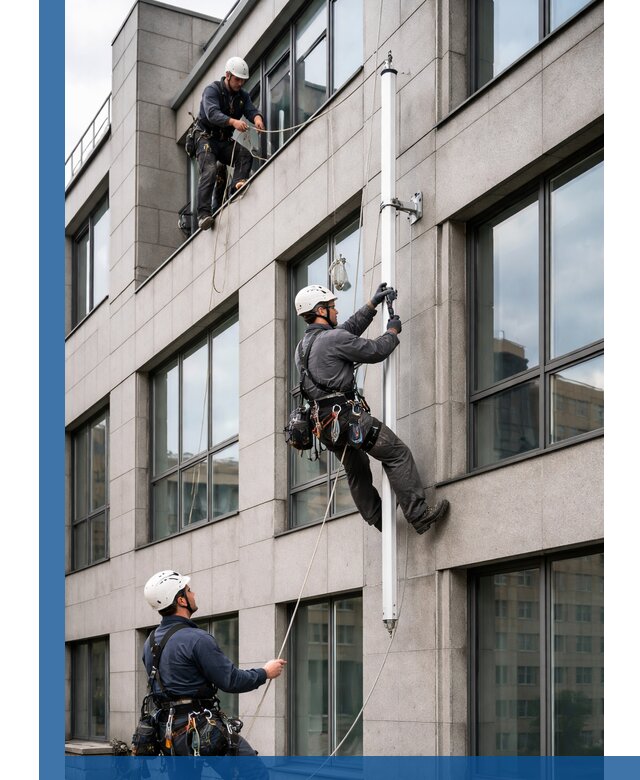 Монтаж флагштока на фасаде здания с креплением и герметикой в Богородицке
