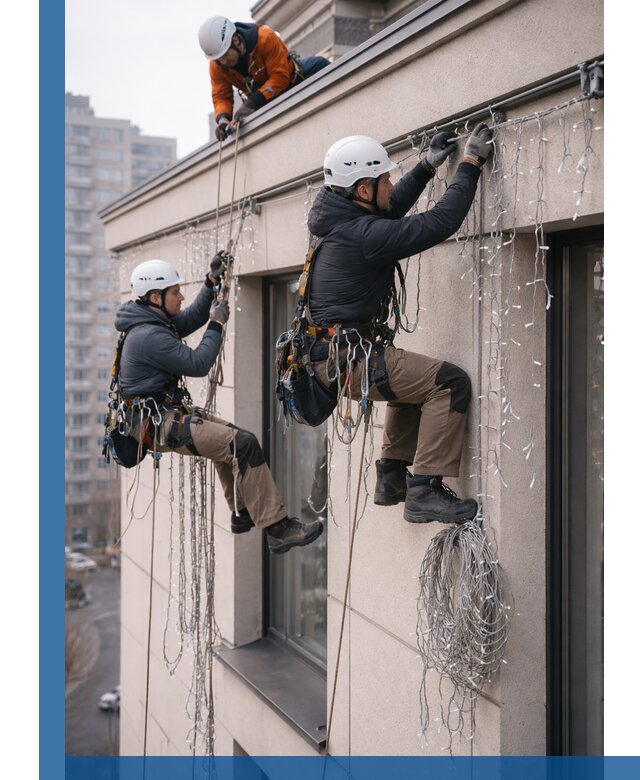 Монтаж праздничных гирлянд на фасаде в Богородицке для зданий