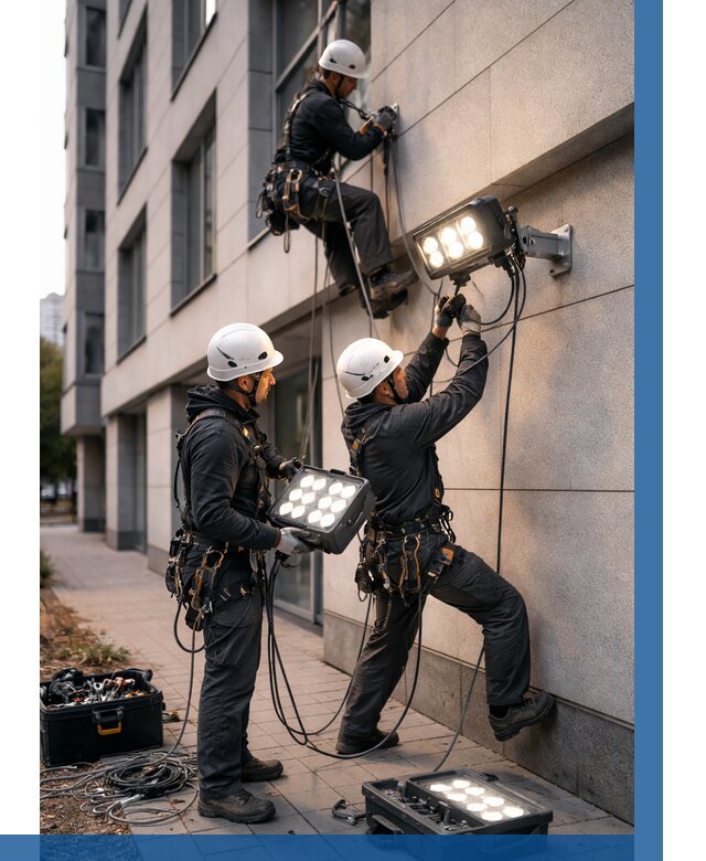 Монтаж прожекторов на фасаде в Богородицке от 8015 р. | ВЫСОТНИК-Бгд