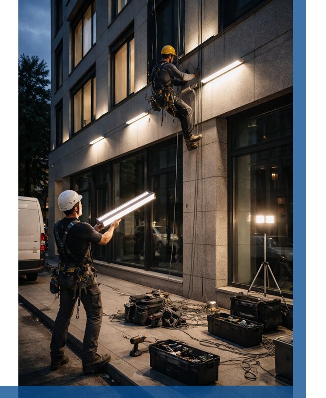 Монтаж архитектурной подсветки здания в Богородицке от 2672 р.|ВЫСОТНИК-Бгд