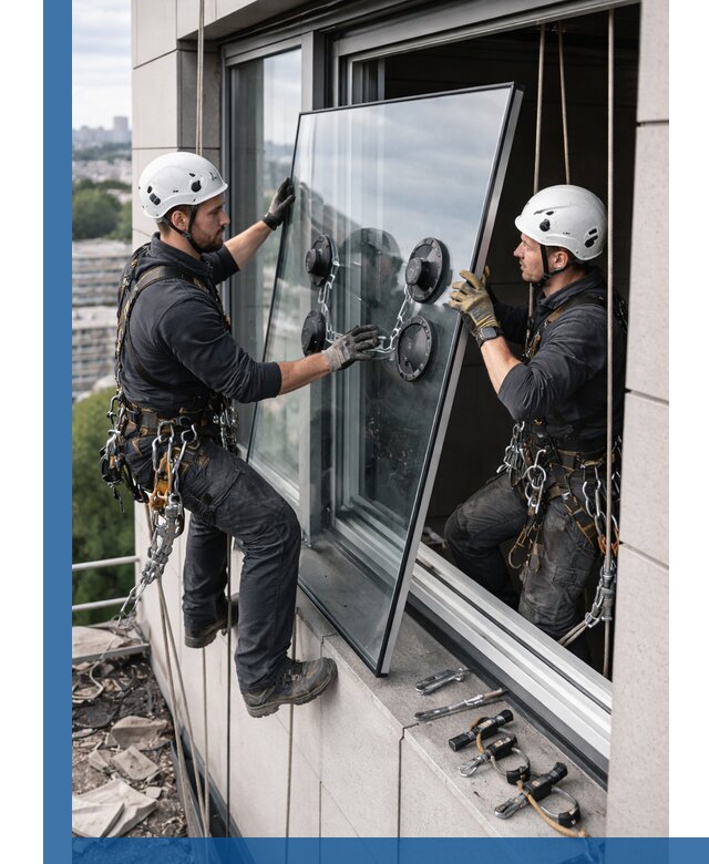 Замена стеклопакетов на высоте с промышленными альпинистами в Богородицке