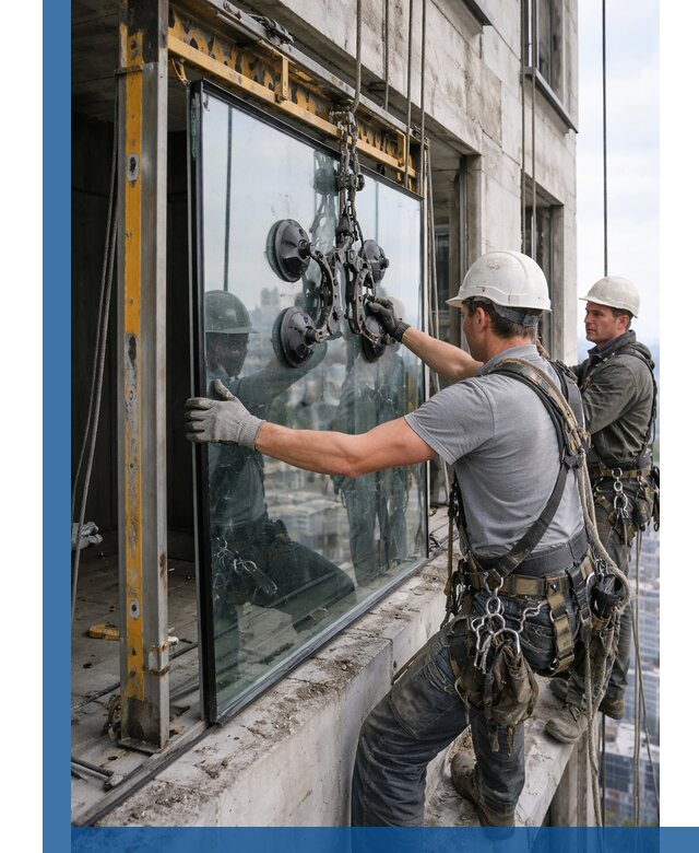 Монтаж стеклопакетов на высоте в Богородицке с промышленным альпинизмом