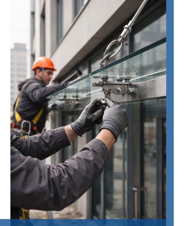 Монтаж стеклянных козырьков в Богородицке от 9083 р. | ВЫСОТНИК-Бгд