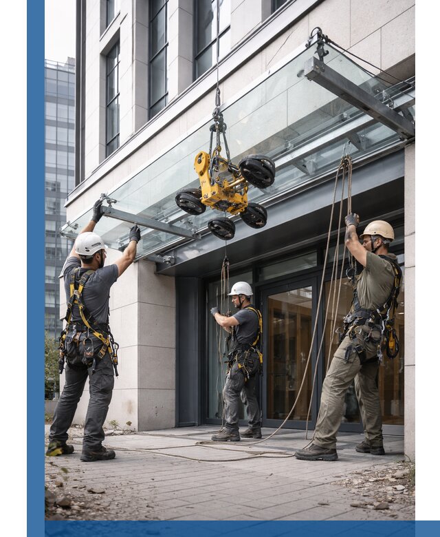 Монтаж стеклянных козырьков под ключ в Богородицке для зданий