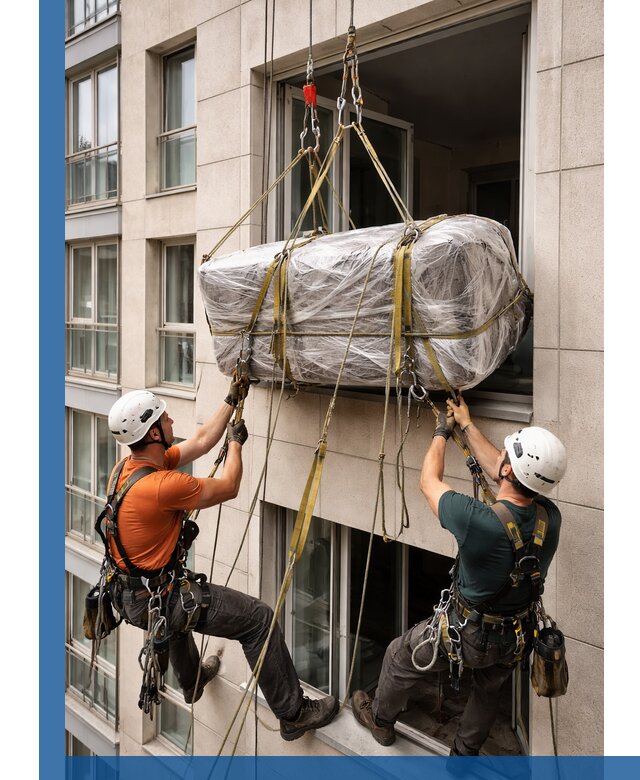 Подъем грузов через окно в Богородицке промышленными альпинистами