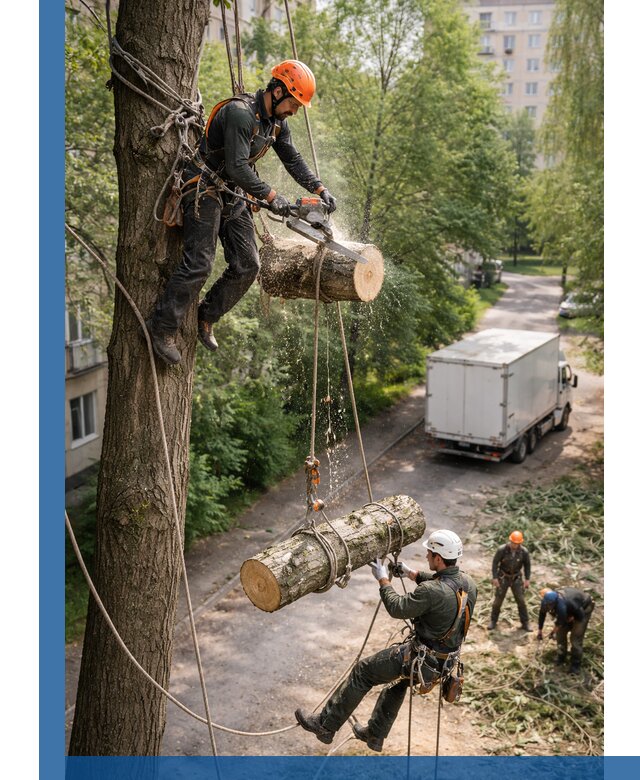 Спил деревьев альпинистами в Богородицке, безопасно и без повреждений