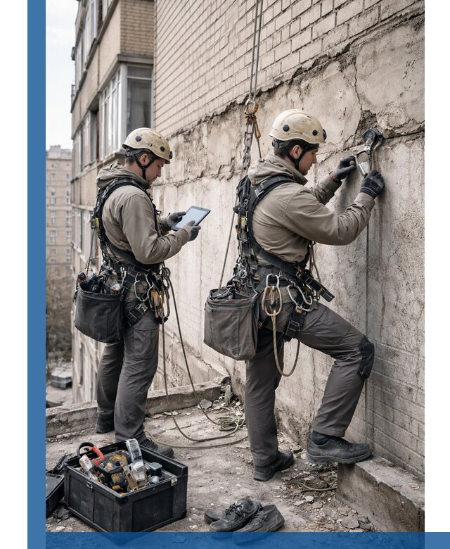 Обследование фасада промышленными альпинистами в Богородицке